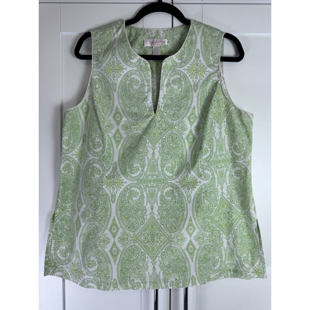 Oscar de la Renta Pink Label Paisley Tunic Blouse Green Sleeveless Split Neck L